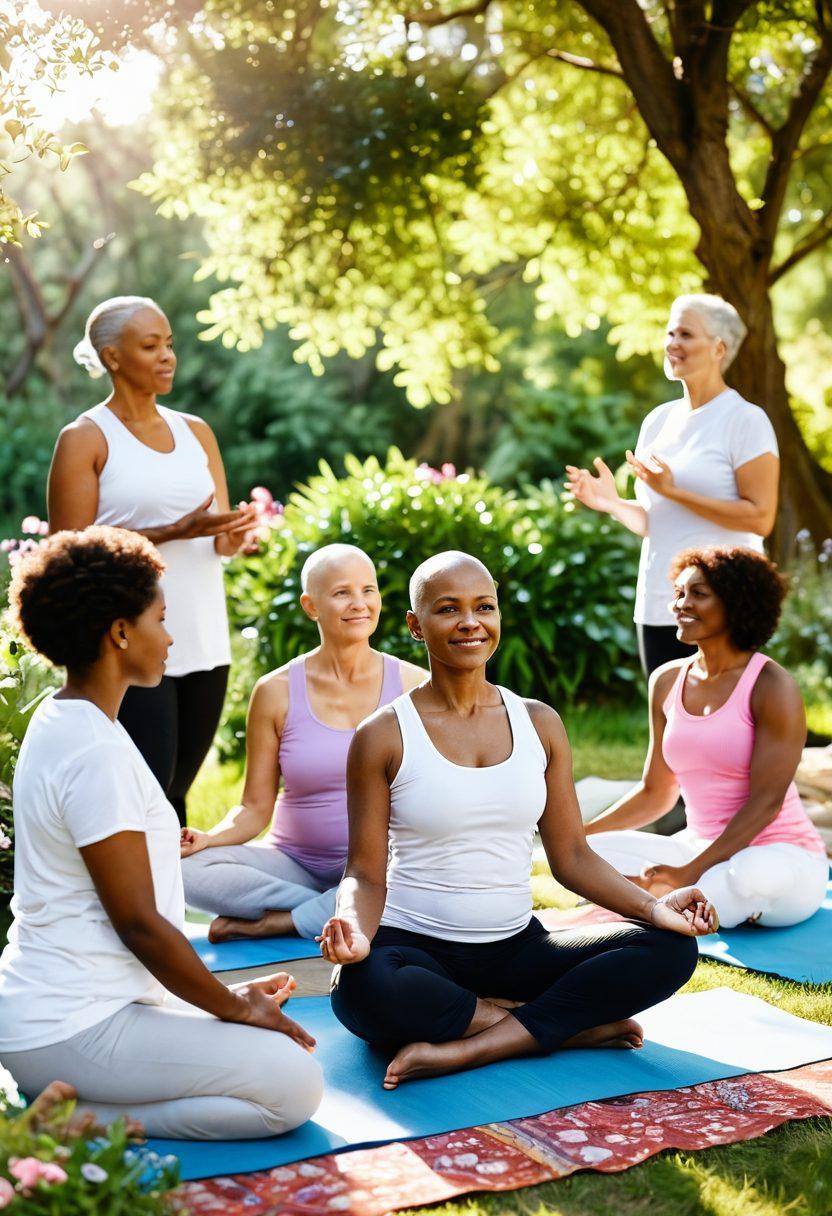 A serene and uplifting scene depicting a diverse group of cancer survivors engaged in a supportive group session outdoors, surrounded by vibrant flowers and greenery, with soft sunlight filtering through the trees symbolizing hope. Include elements like wellness tools such as yoga mats and healthy foods, capturing a sense of community and resilience. super-realistic. vibrant colors. soft focus.