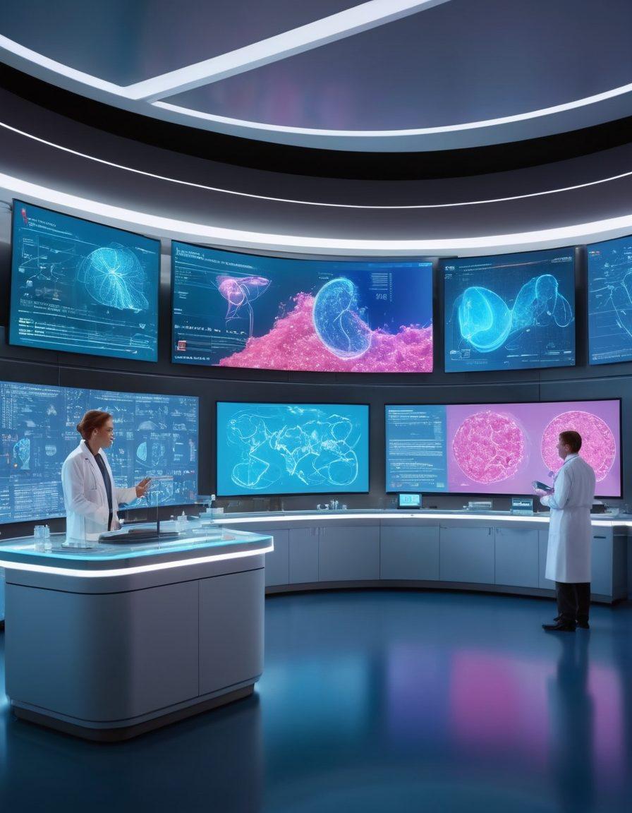 A futuristic medical lab with scientists engaged in groundbreaking research, showcasing advanced treatment tools and technology. Bright screens display data and graphs related to cancer treatment advancements, while a serene patient reflects hope in the background. Evoke a sense of innovation and healing, capturing the transformative journey from research to real-life impacts on survivorship. super-realistic. vibrant colors. 3D.